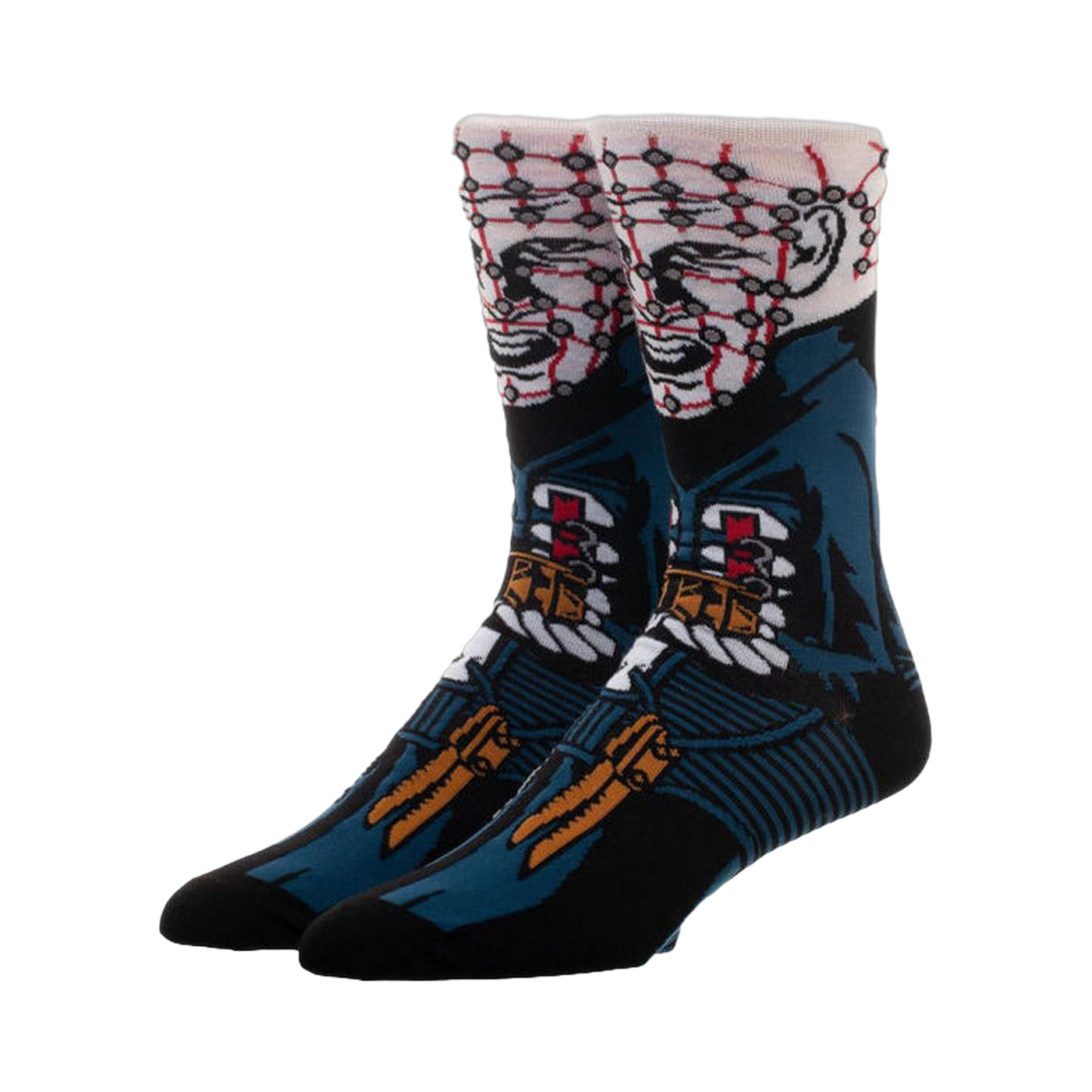 Pair of crew socks, black and teal, featuring a 360-degree image of Pinhead from Hellraiser.