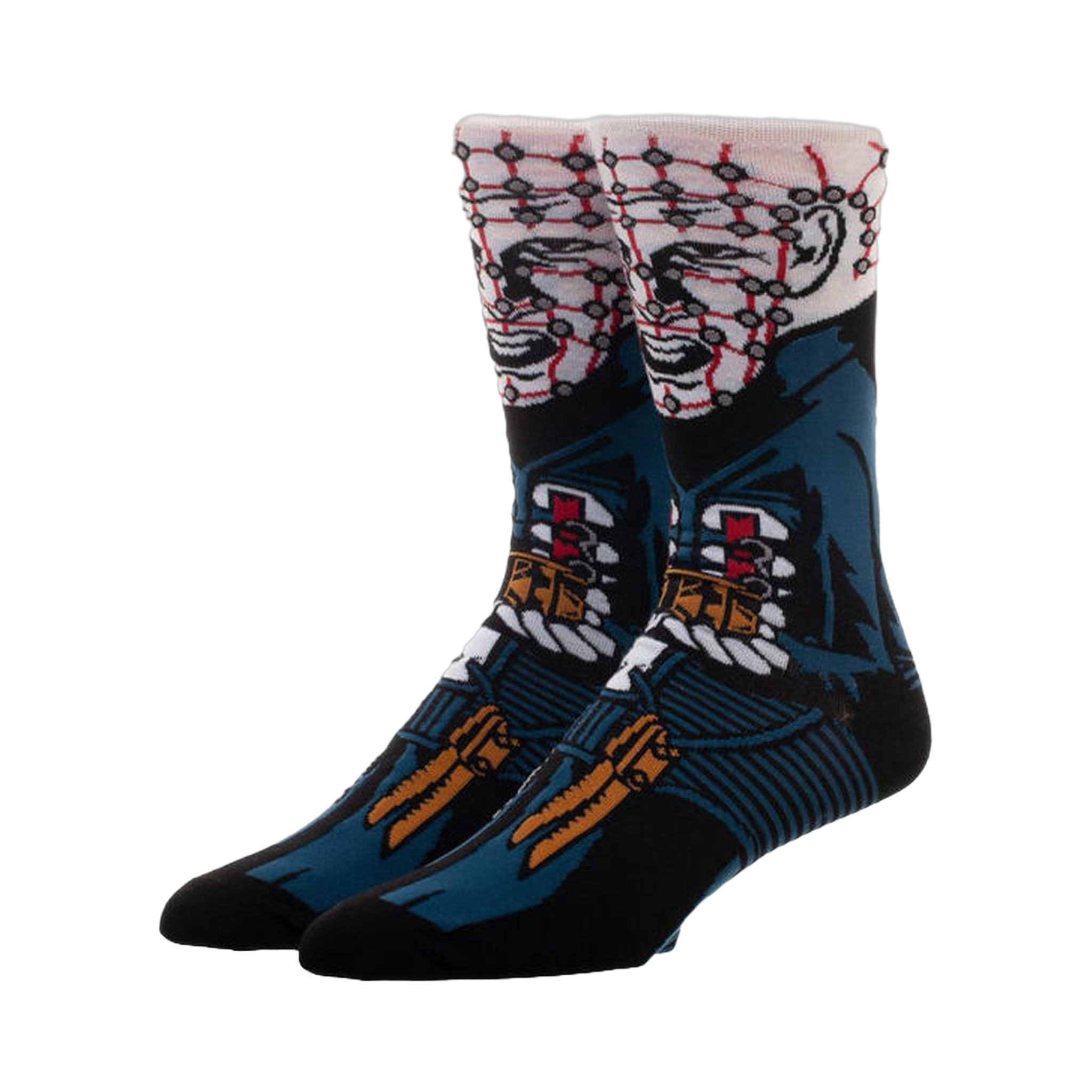 Pair of crew socks, black and teal, featuring a 360-degree image of Pinhead from Hellraiser.