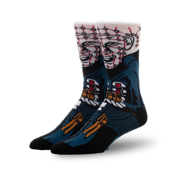 hellraiser pinhead 360 character crew socks, black and blue with white lines, red dots, and image of pinhead.  