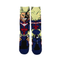 Crew socks showcasing All Might from My Hero Academia.  The socks are mainly blue, red, yellow, and black, with a detailed illustration of All Might's hero costume.