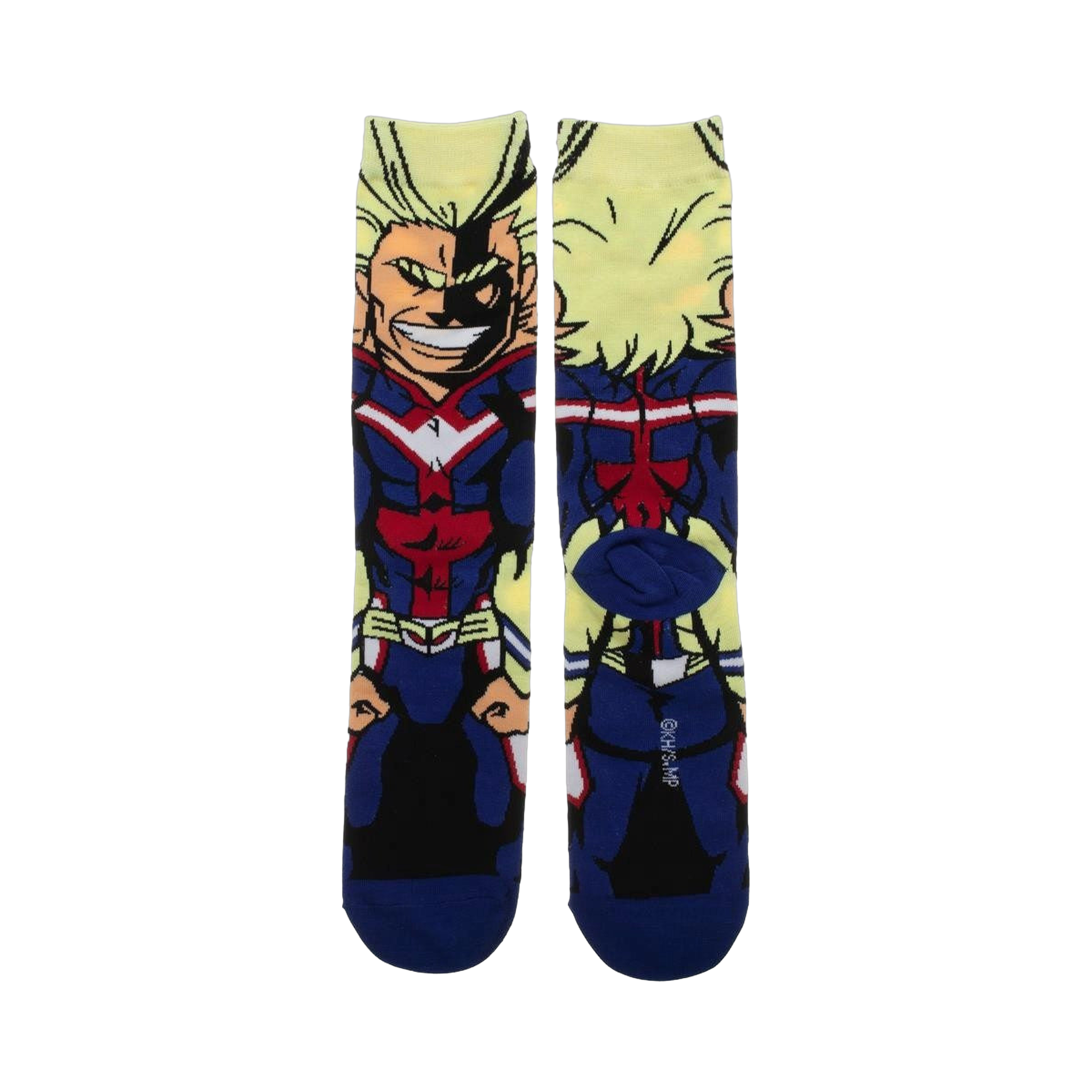 Crew socks showcasing All Might from My Hero Academia.  The socks are mainly blue, red, yellow, and black, with a detailed illustration of All Might's hero costume.