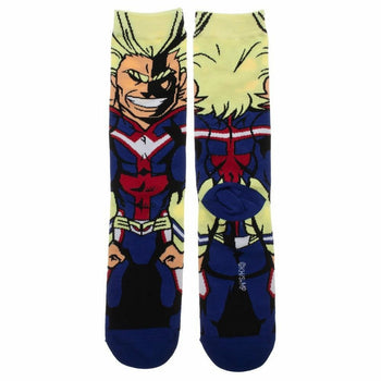 Crew socks showcasing All Might from My Hero Academia.  The socks are mainly blue, red, yellow, and black, with a detailed illustration of All Might's hero costume.
