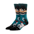 Crew socks featuring Izuku Midoriya from My Hero Academia. Teal, black, and white design showcases his costume and face.