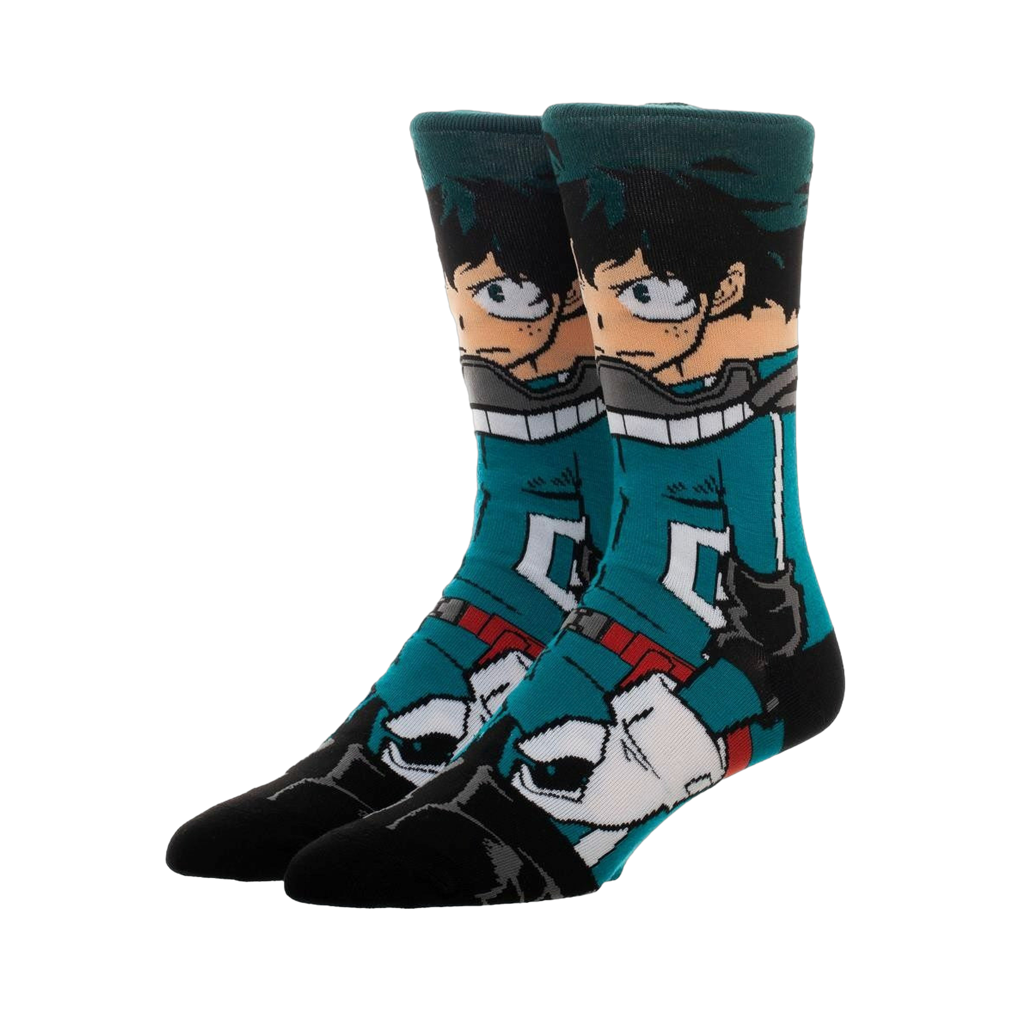 Crew socks featuring Izuku Midoriya from My Hero Academia. Teal, black, and white design showcases his costume and face.