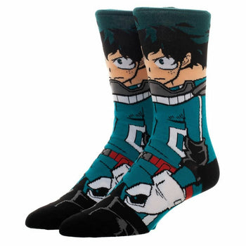 Crew socks featuring Izuku Midoriya from My Hero Academia. Teal, black, and white design showcases his costume and face.