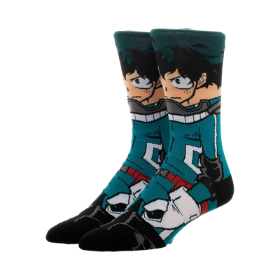 Crew socks featuring Izuku Midoriya from My Hero Academia. Teal, black, and white design showcases his costume and face.
