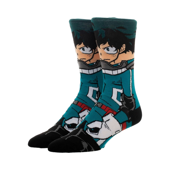 Crew socks featuring Izuku Midoriya from My Hero Academia. Teal, black, and white design showcases his costume and face. }}
