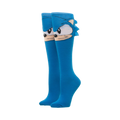 Pair of blue Sonic the Hedgehog knee-high socks.  Features a large Sonic face and 3D quills.
