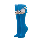 Pair of blue Sonic the Hedgehog knee-high socks.  Features a large Sonic face and 3D quills.