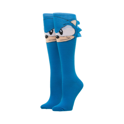 Pair of blue Sonic the Hedgehog knee-high socks.  Features a large Sonic face and 3D quills.
