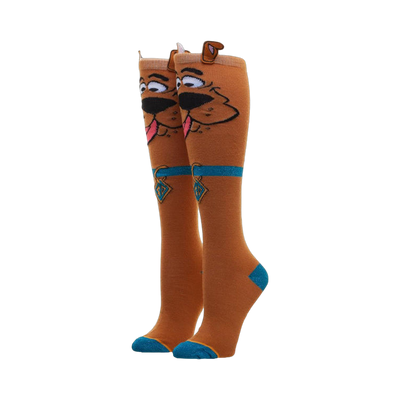 Pair of brown knee-high socks with Scooby Doo's face and floppy ears as 3D design elements. Teal accents on collar and heel.
