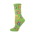 Crew socks in lime green with a pattern of colorful patchwork kitties. The cats are in various colors, including red, yellow, and blue.