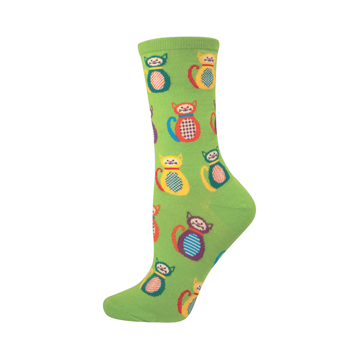 Crew socks in lime green with a pattern of colorful patchwork kitties. The cats are in various colors, including red, yellow, and blue.