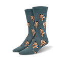 Pair of men's crew socks in teal featuring a repeating pattern of pixelated sumo wrestlers in blue and beige.