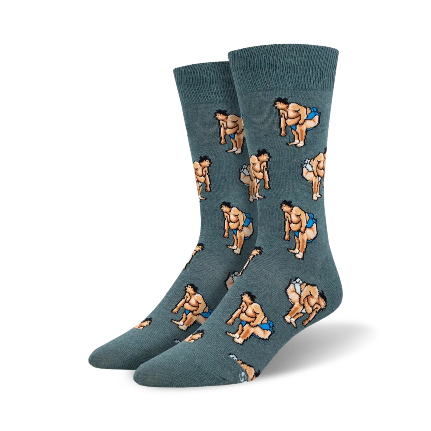 Pair of men's crew socks in teal featuring a repeating pattern of pixelated sumo wrestlers in blue and beige.