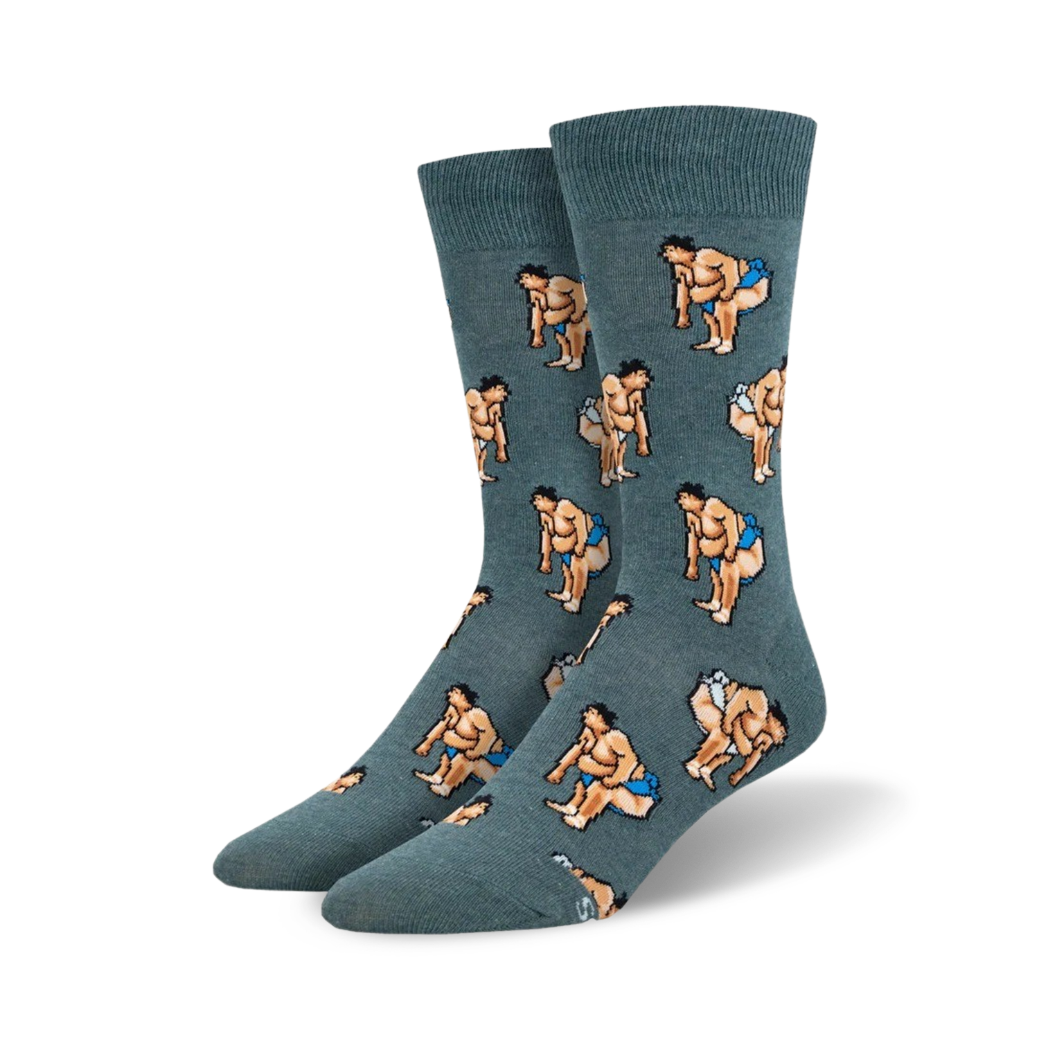 Pair of men's crew socks in teal featuring a repeating pattern of pixelated sumo wrestlers in blue and beige.