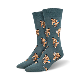 alt text:  men's sumo slam crew socks in gray with a pattern of sumo wrestlers in blue mawashi loincloths.  