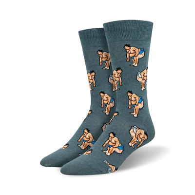 alt text:  men's sumo slam crew socks in gray with a pattern of sumo wrestlers in blue mawashi loincloths.  