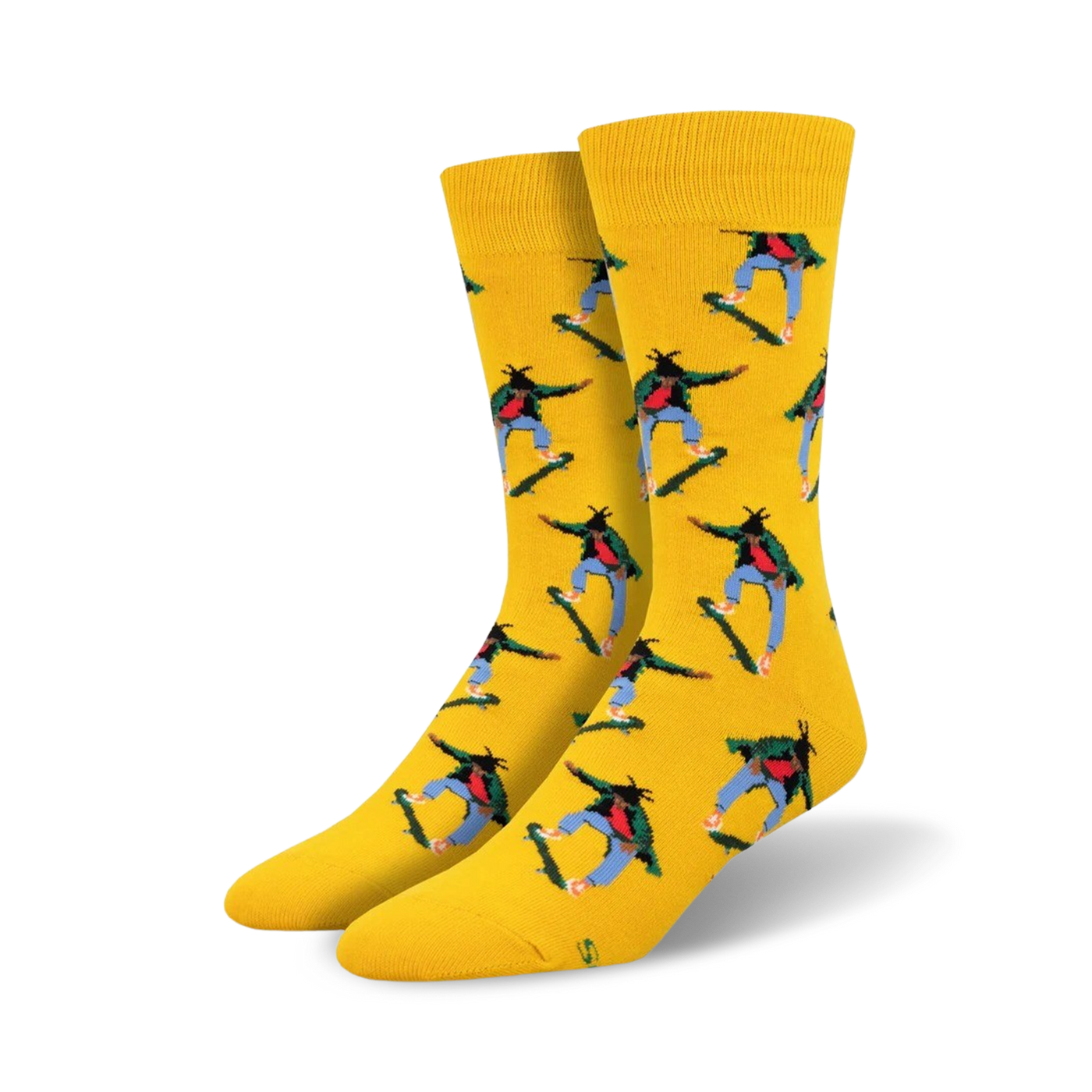 Pair of yellow crew socks with repeating pattern of a person skateboarding.  Skater is depicted in red, green, blue and black against the bright yellow background.