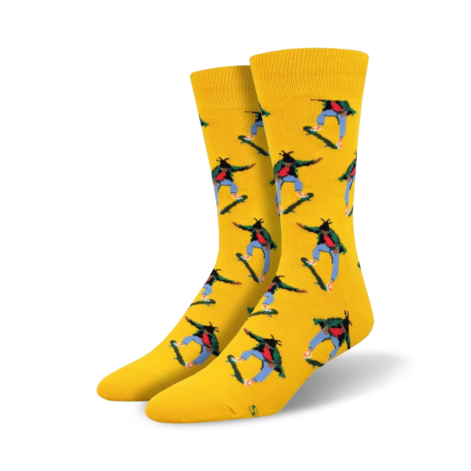 Pair of yellow crew socks with repeating pattern of a person skateboarding.  Skater is depicted in red, green, blue and black against the bright yellow background.