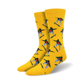 yellow skate life crew socks with a male skater pattern (green shirt, blue pants, red hat, red and yellow skateboard). 