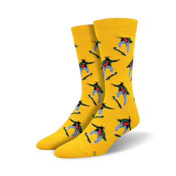 yellow skate life crew socks with a male skater pattern (green shirt, blue pants, red hat, red and yellow skateboard). 