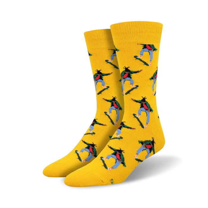 yellow skate life crew socks with a male skater pattern (green shirt, blue pants, red hat, red and yellow skateboard).  }}