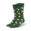 Pair of dark green crew socks with a badminton theme.  The socks are adorned with colorful rackets and shuttlecocks.