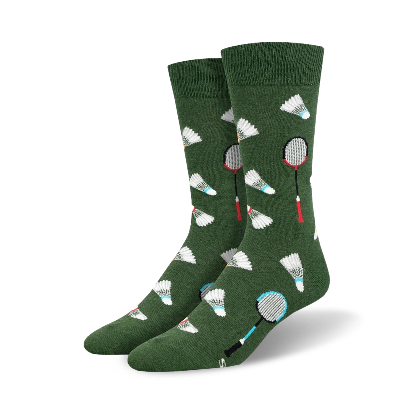 Pair of dark green crew socks with a badminton theme.  The socks are adorned with colorful rackets and shuttlecocks.