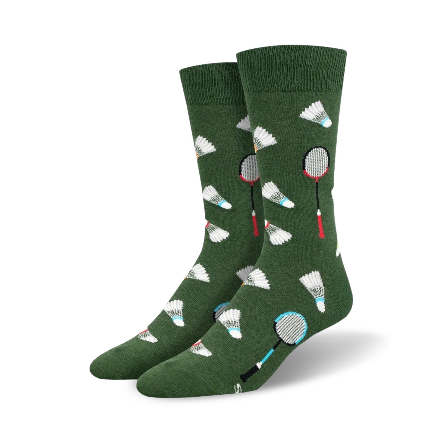 Pair of dark green crew socks with a badminton theme.  The socks are adorned with colorful rackets and shuttlecocks.
