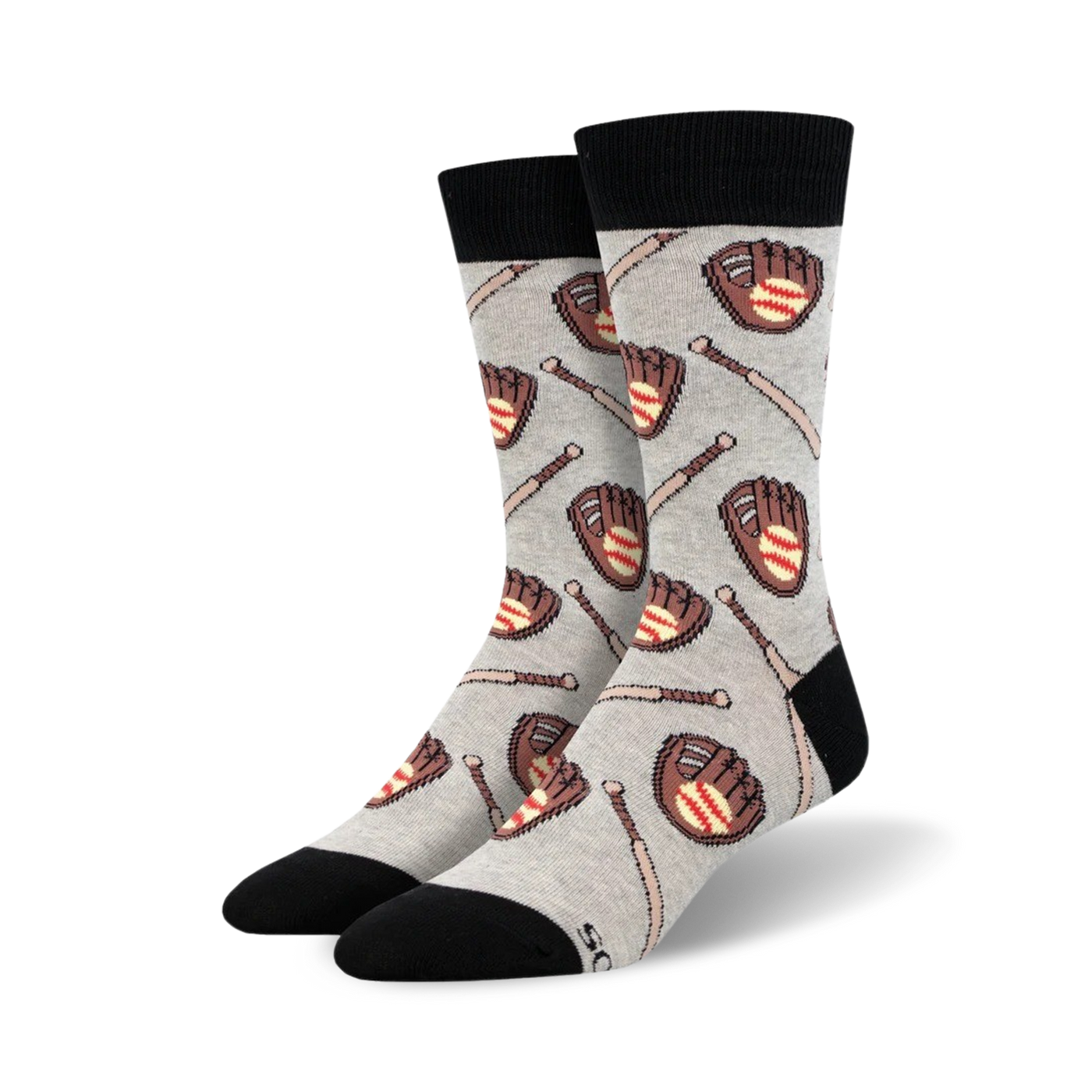 A pair of grey crew socks with a pattern of brown baseball gloves and bats.  The socks have black cuffs.