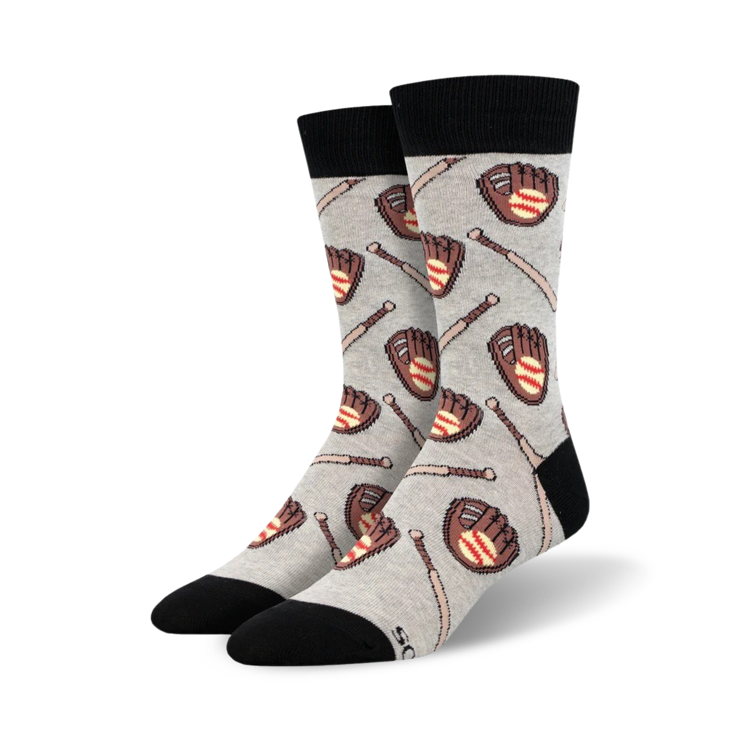A pair of grey crew socks with a pattern of brown baseball gloves and bats.  The socks have black cuffs.
