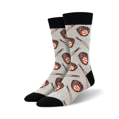 baseball bat and catcher's mitt design on a gray background on crew length mens' sock   