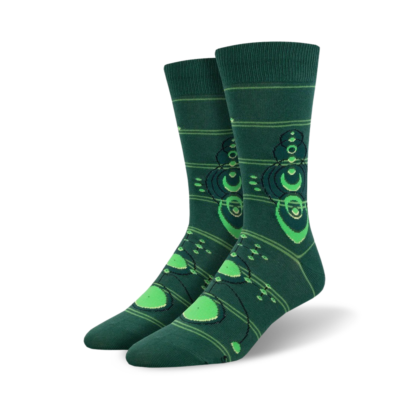 Pair of crew socks in dark green with bright green crop circle designs.  The circles have concentric rings and are connected by thin lines.