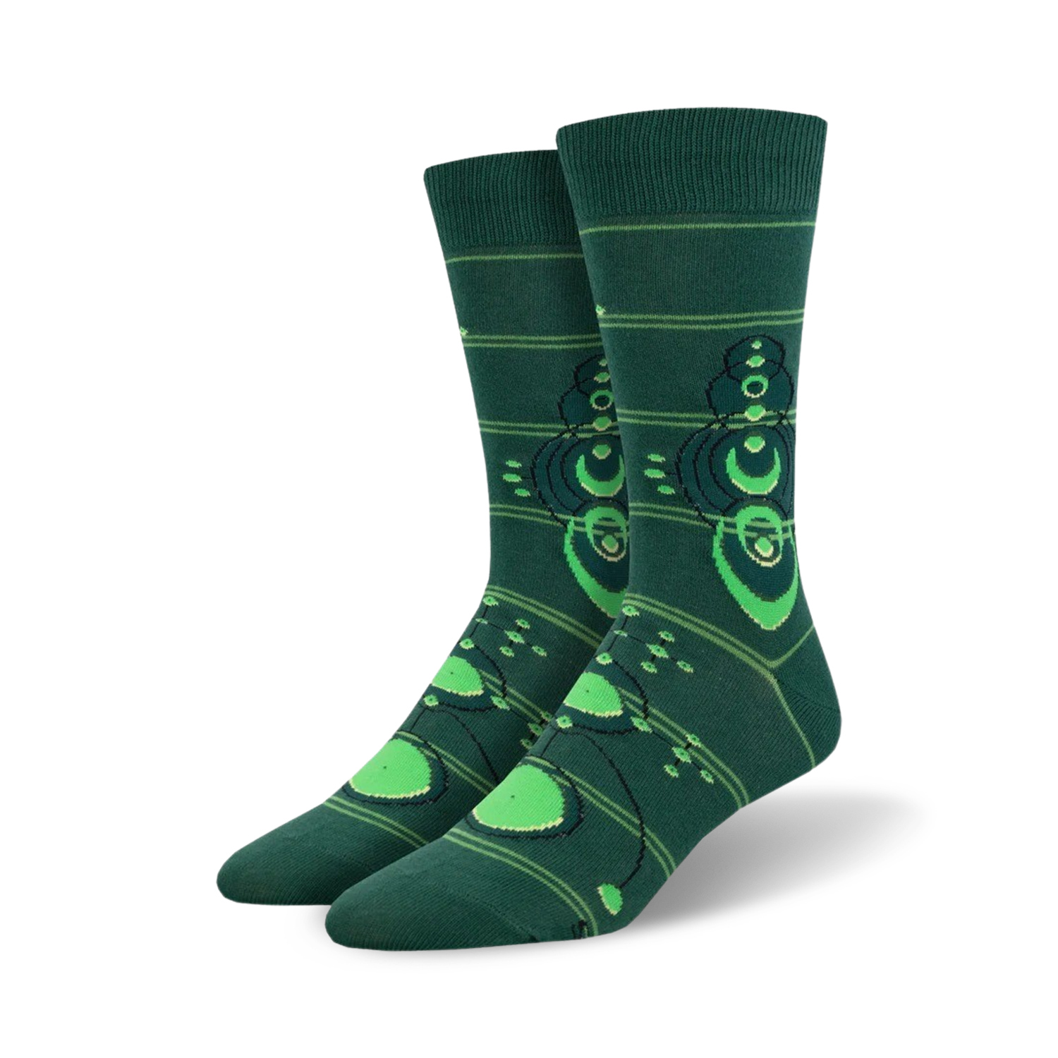 Pair of crew socks in dark green with bright green crop circle designs.  The circles have concentric rings and are connected by thin lines.