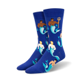 Crew socks in royal blue featuring illustrated mermen with teal tails, one holding a trident. Fun, playful design.