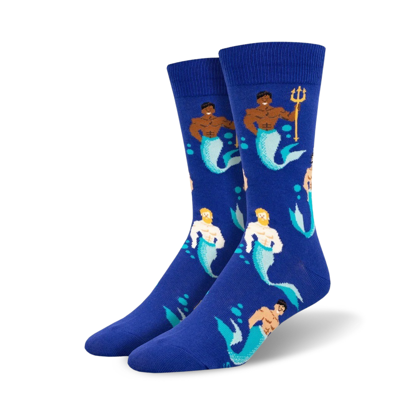 Crew socks in royal blue featuring illustrated mermen with teal tails, one holding a trident. Fun, playful design.
