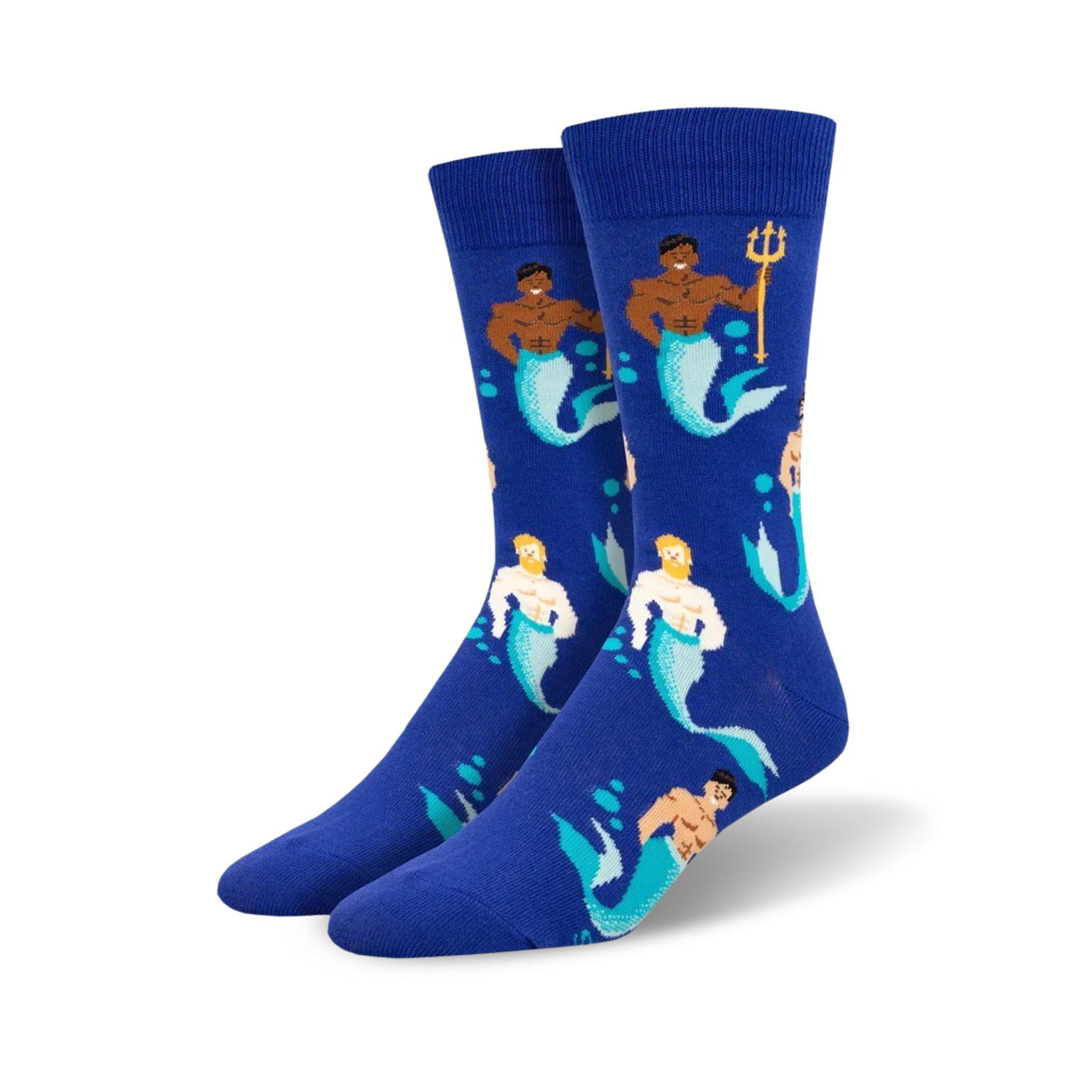 Crew socks in royal blue featuring illustrated mermen with teal tails, one holding a trident. Fun, playful design.