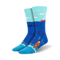 Crew socks in teal, blue, and orange.  Design features a deep sea diver, sharks, and other ocean life.  A red boat is visible on the surface.