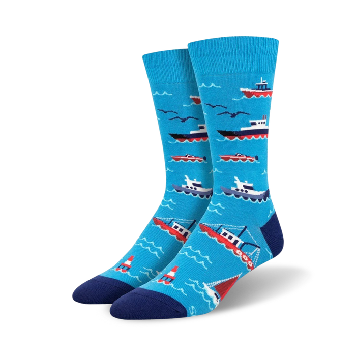 mens don't rock the boat socks in red, white, & blue boat pattern on blue background with seagulls. crew length.   }}
