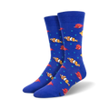 Pair of blue crew socks with colorful clownfish and red fish designs. Teal bubbles are scattered throughout.