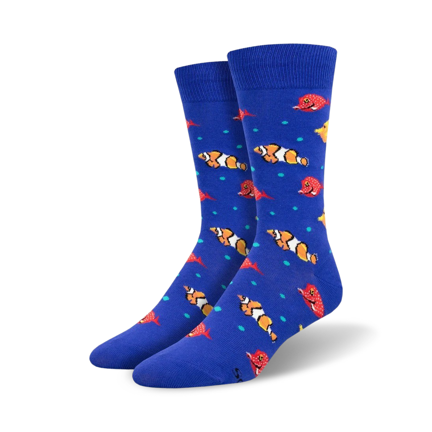 Pair of blue crew socks with colorful clownfish and red fish designs. Teal bubbles are scattered throughout.