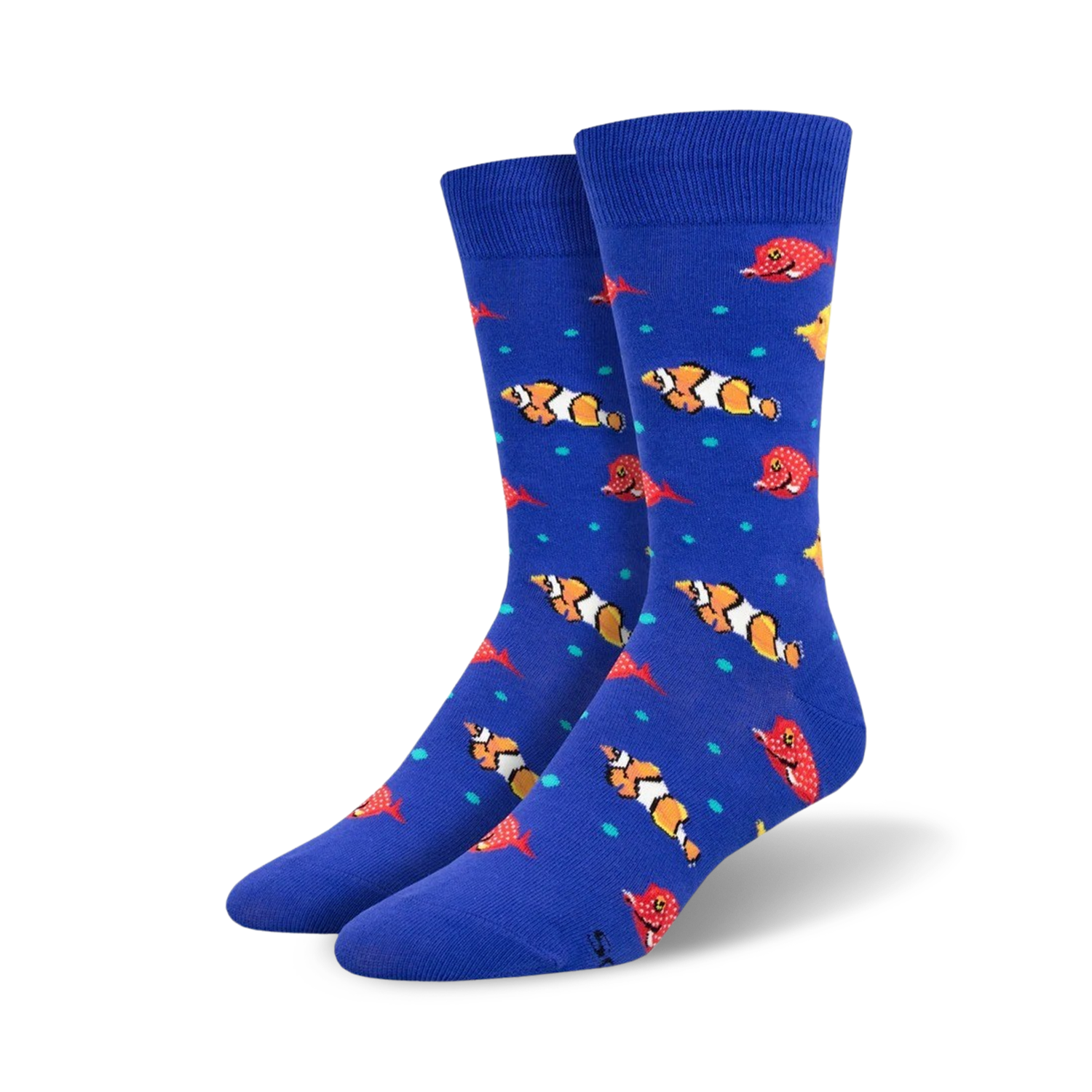 Pair of blue crew socks with colorful clownfish and red fish designs. Teal bubbles are scattered throughout.