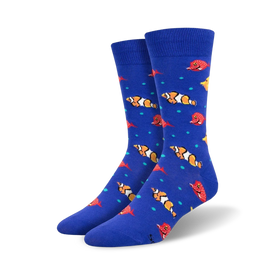 men's crew socks featuring cartoon clownfish and red fish on a blue background  