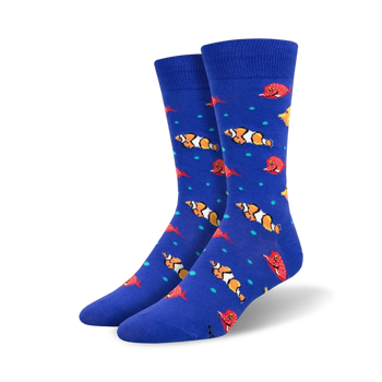 men's crew socks featuring cartoon clownfish and red fish on a blue background  