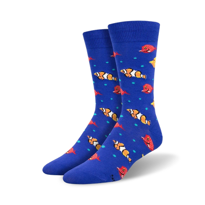 men's crew socks featuring cartoon clownfish and red fish on a blue background  