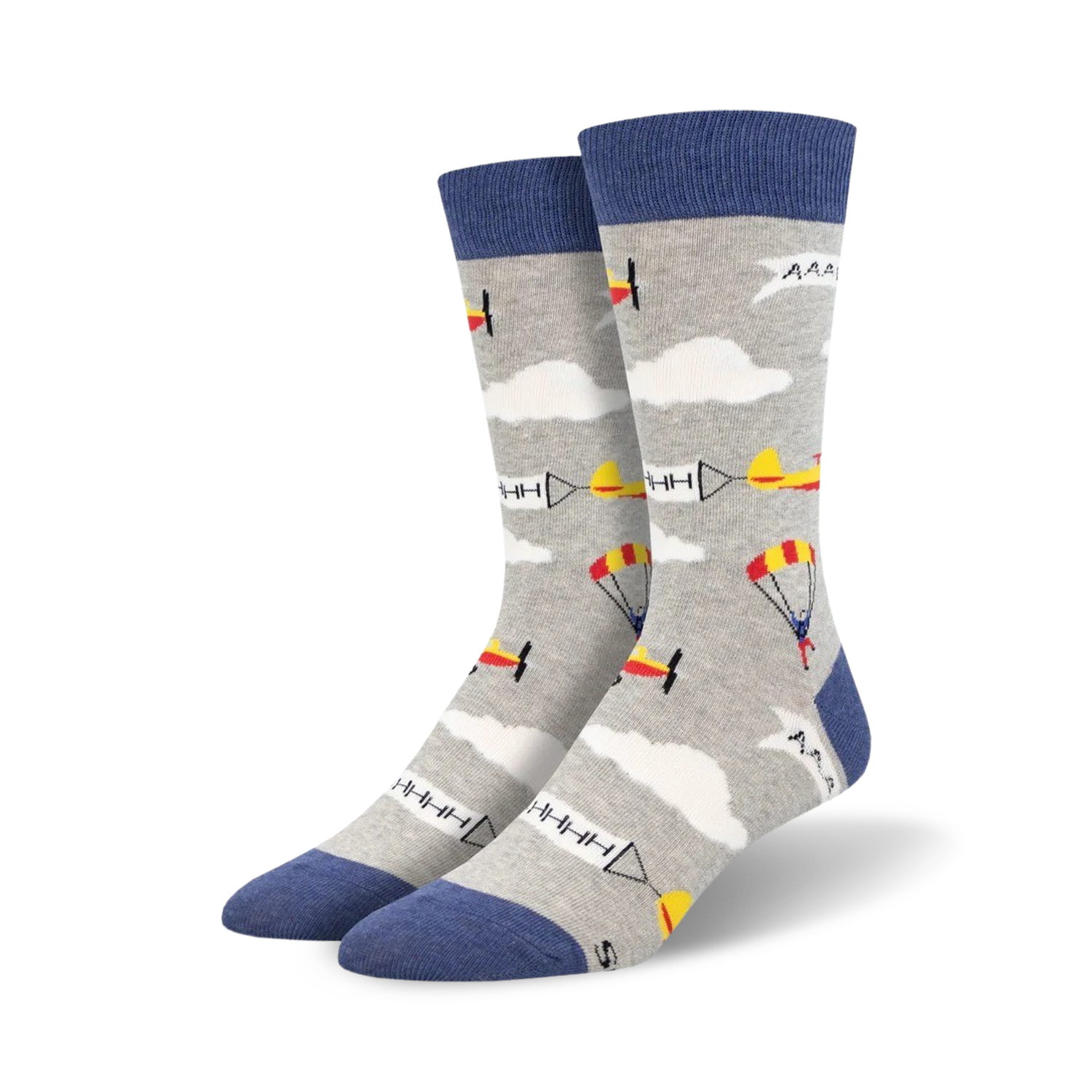 Pair of crew socks; light grey and blue; airplanes, parachutes, and clouds pattern.