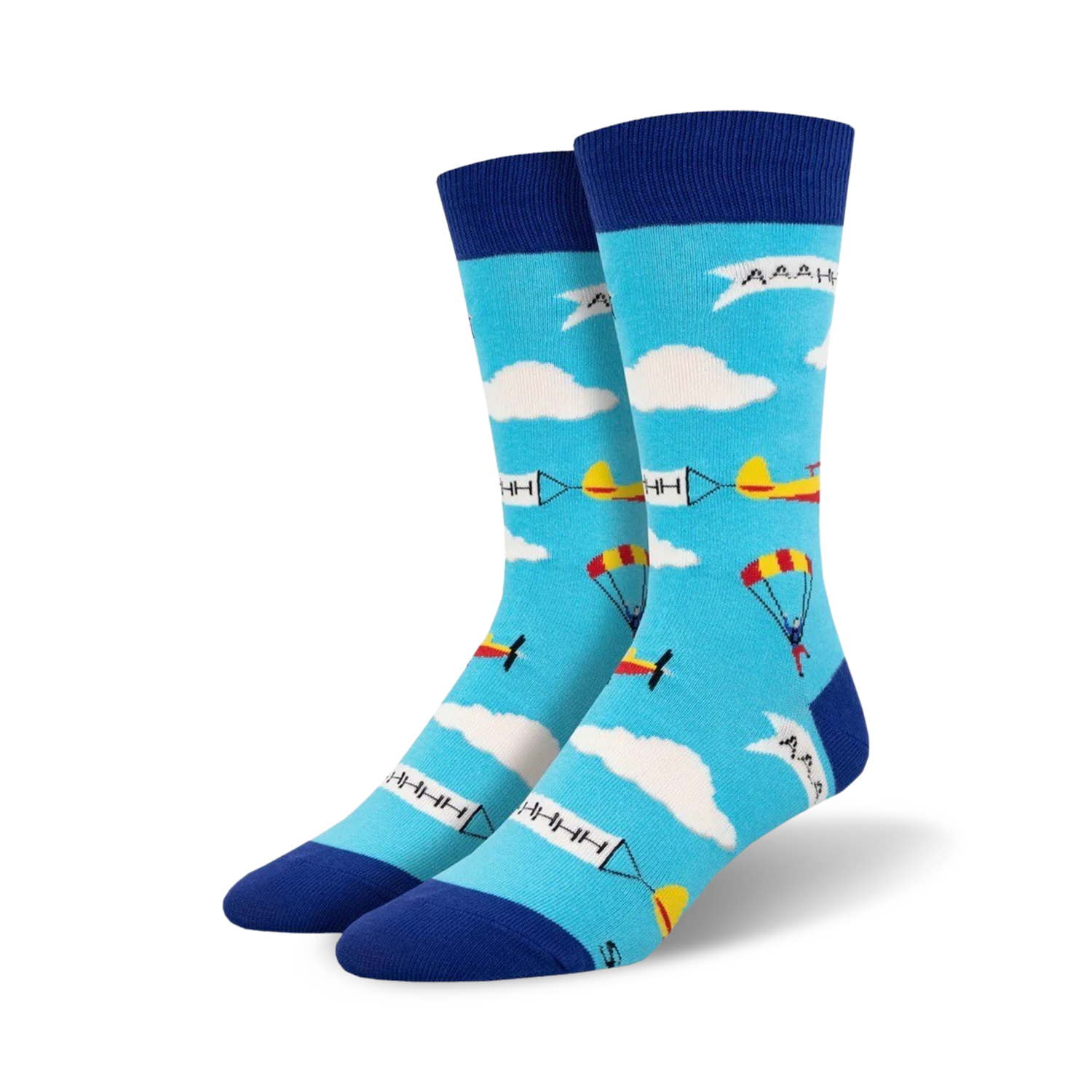 Lifestyle shot: A person's feet wearing the blue Skydiver socks. The socks are styled in casual outfit.