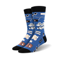 Pair of blue crew socks with black cuffs. Design includes cameras, books, luggage, and 'Bon Voyage' text.