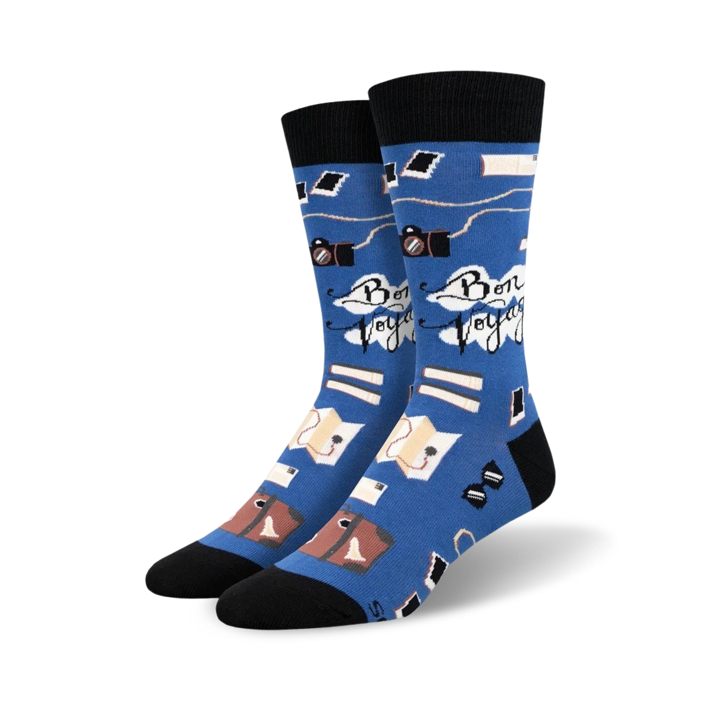 Pair of blue crew socks with black cuffs. Design includes cameras, books, luggage, and 'Bon Voyage' text.